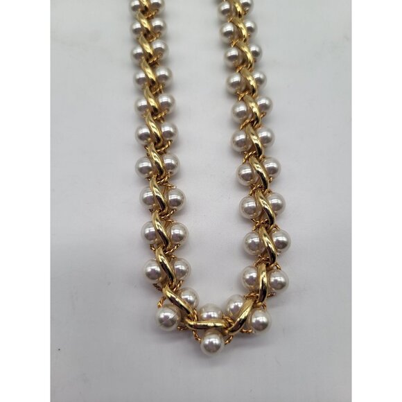 unbranded Jewelry - VTG faux pearl double row necklace gold tone weaved link statement glam long